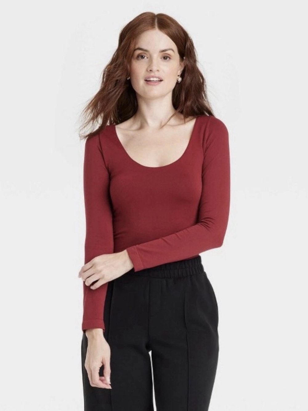A New Day Scoop Neck Seamless Shirt Long Sleeve XS Red Lined Smoothing